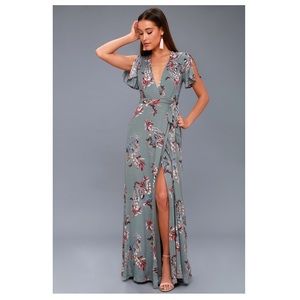 Lulu’s Slate Blue Floral Print Wrap Maxi Dress